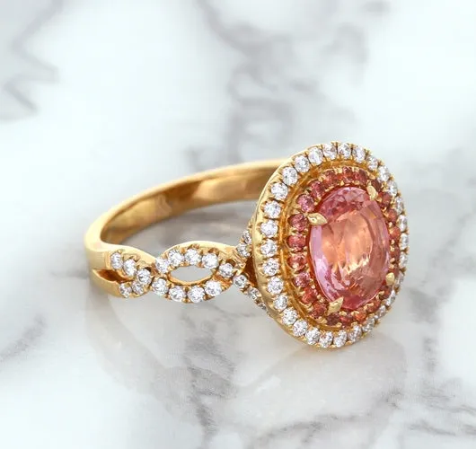 2.07ct. Oval Padparadscha Ring with Sapphire and Diamond Halo in 18K Rose Gold