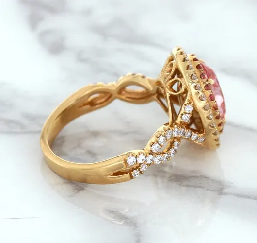 2.07ct. Oval Padparadscha Ring with Sapphire and Diamond Halo in 18K Rose Gold