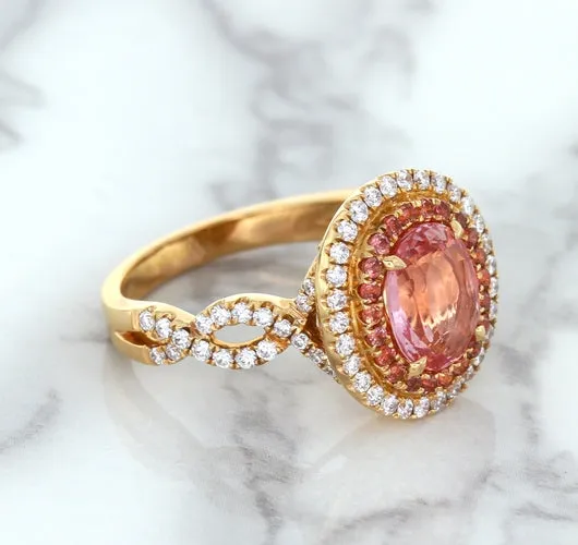 2.07ct. Oval Padparadscha Ring with Sapphire and Diamond Halo in 18K Rose Gold