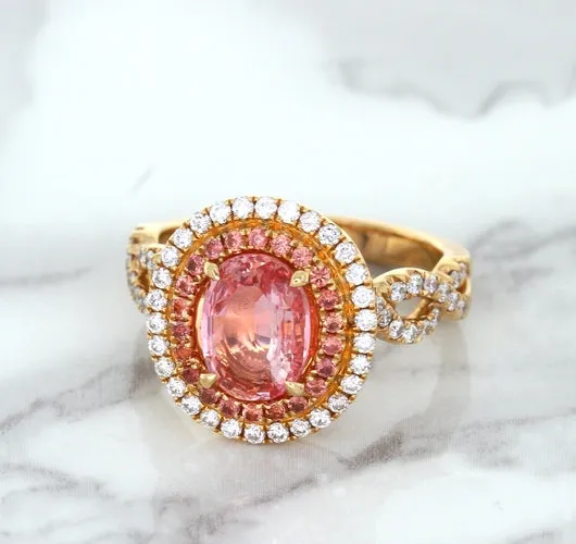 2.07ct. Oval Padparadscha Ring with Sapphire and Diamond Halo in 18K Rose Gold