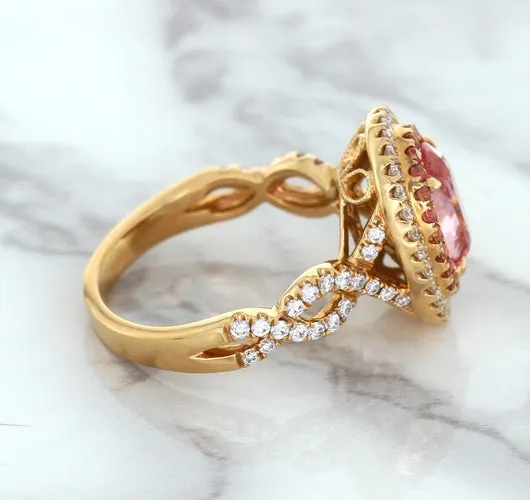 2.07ct. Oval Padparadscha Ring with Sapphire and Diamond Halo in 18K Rose Gold