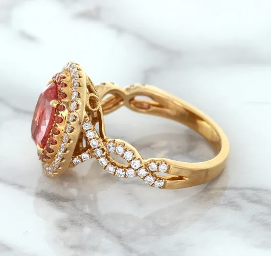 2.07ct. Oval Padparadscha Ring with Sapphire and Diamond Halo in 18K Rose Gold