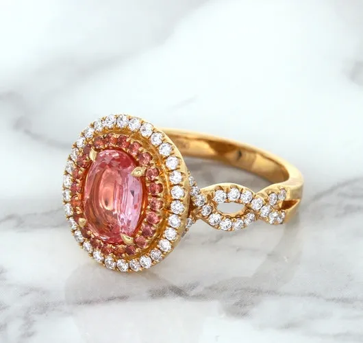 2.07ct. Oval Padparadscha Ring with Sapphire and Diamond Halo in 18K Rose Gold