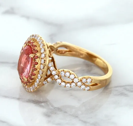 2.07ct. Oval Padparadscha Ring with Sapphire and Diamond Halo in 18K Rose Gold