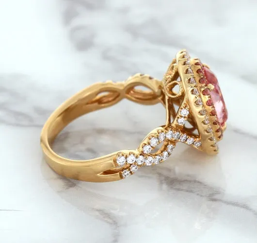 2.07ct. Oval Padparadscha Ring with Sapphire and Diamond Halo in 18K Rose Gold