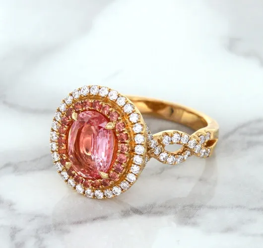 2.07ct. Oval Padparadscha Ring with Sapphire and Diamond Halo in 18K Rose Gold
