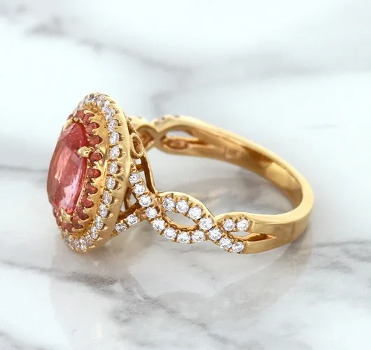 2.07ct. Oval Padparadscha Ring with Sapphire and Diamond Halo in 18K Rose Gold