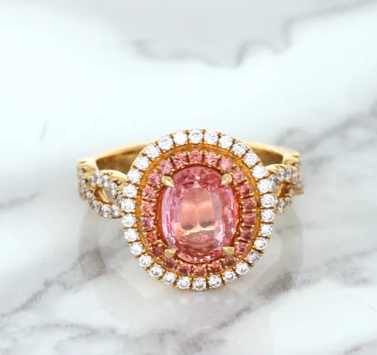 2.07ct. Oval Padparadscha Ring with Sapphire and Diamond Halo in 18K Rose Gold
