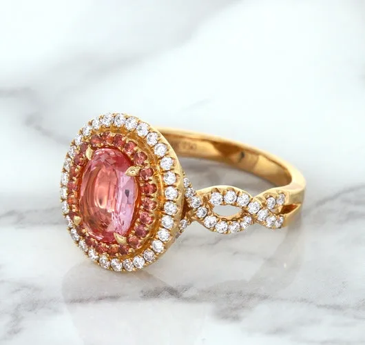 2.07ct. Oval Padparadscha Ring with Sapphire and Diamond Halo in 18K Rose Gold