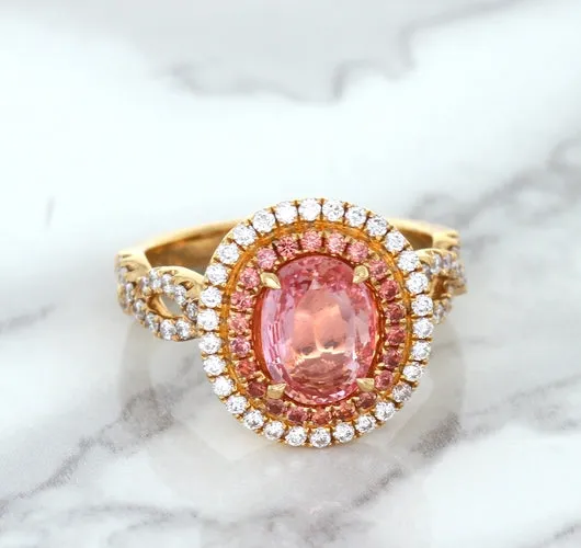 2.07ct. Oval Padparadscha Ring with Sapphire and Diamond Halo in 18K Rose Gold
