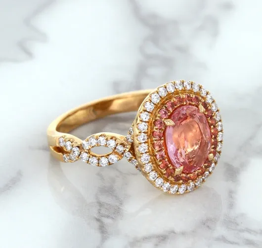 2.07ct. Oval Padparadscha Ring with Sapphire and Diamond Halo in 18K Rose Gold