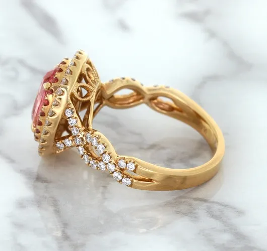2.07ct. Oval Padparadscha Ring with Sapphire and Diamond Halo in 18K Rose Gold