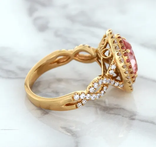 2.07ct. Oval Padparadscha Ring with Sapphire and Diamond Halo in 18K Rose Gold