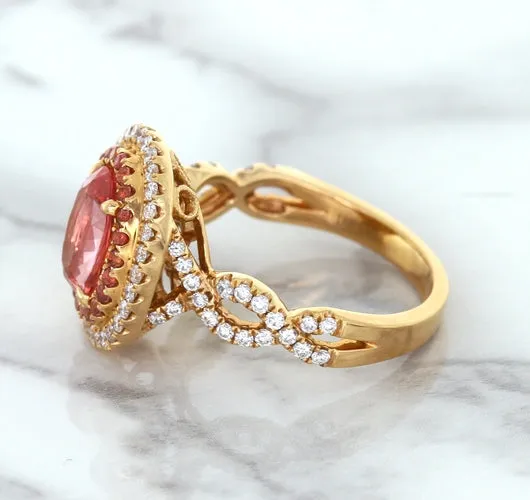 2.07ct. Oval Padparadscha Ring with Sapphire and Diamond Halo in 18K Rose Gold