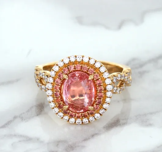 2.07ct. Oval Padparadscha Ring with Sapphire and Diamond Halo in 18K Rose Gold