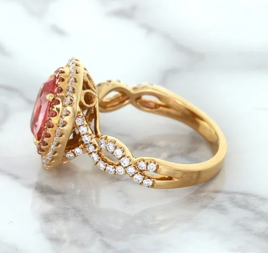 2.07ct. Oval Padparadscha Ring with Sapphire and Diamond Halo in 18K Rose Gold