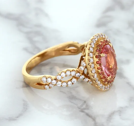 2.07ct. Oval Padparadscha Ring with Sapphire and Diamond Halo in 18K Rose Gold