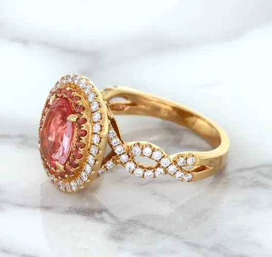 2.07ct. Oval Padparadscha Ring with Sapphire and Diamond Halo in 18K Rose Gold