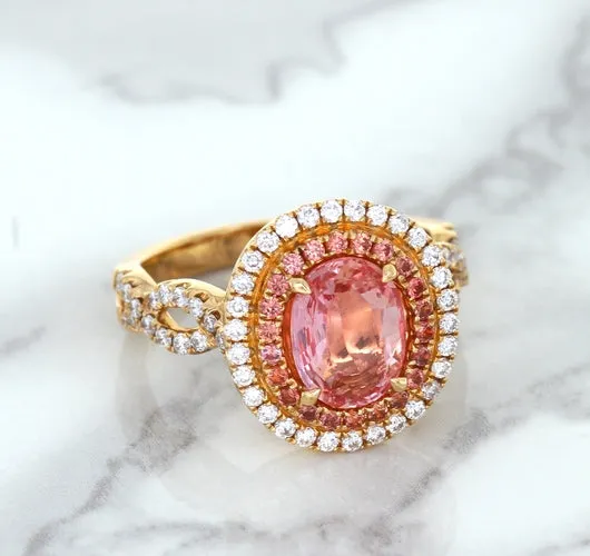 2.07ct. Oval Padparadscha Ring with Sapphire and Diamond Halo in 18K Rose Gold
