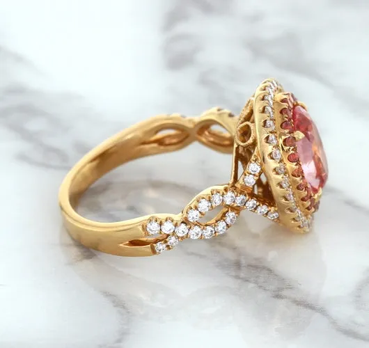 2.07ct. Oval Padparadscha Ring with Sapphire and Diamond Halo in 18K Rose Gold