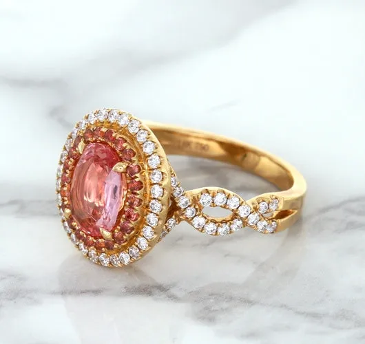 2.07ct. Oval Padparadscha Ring with Sapphire and Diamond Halo in 18K Rose Gold