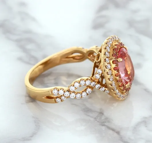 2.07ct. Oval Padparadscha Ring with Sapphire and Diamond Halo in 18K Rose Gold