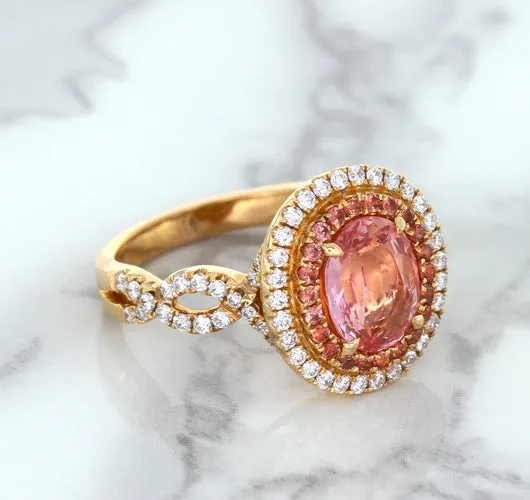 2.07ct. Oval Padparadscha Ring with Sapphire and Diamond Halo in 18K Rose Gold