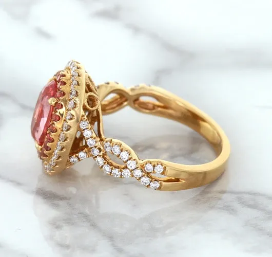 2.07ct. Oval Padparadscha Ring with Sapphire and Diamond Halo in 18K Rose Gold