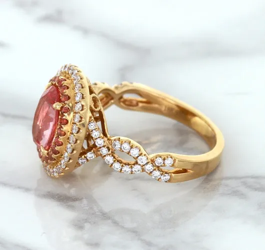 2.07ct. Oval Padparadscha Ring with Sapphire and Diamond Halo in 18K Rose Gold