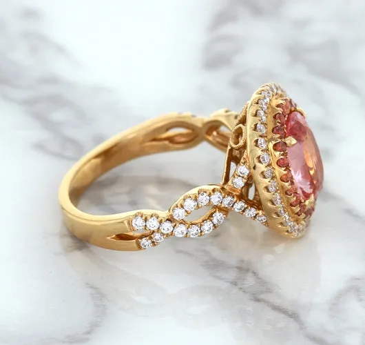 2.07ct. Oval Padparadscha Ring with Sapphire and Diamond Halo in 18K Rose Gold