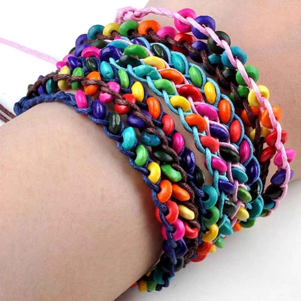 20pcs/Lot Colorful Wood Wristbands Child Bead Braided Bracelet Wholesale Birthday Party Gift Jewelry