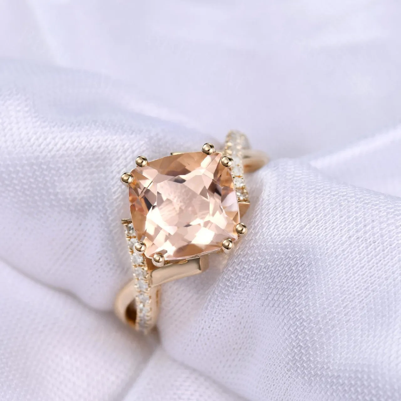 2.4 Carat Cushion Cut Morganite Engagement Ring Diamond Promise Ring 14k Rose Gold Split Shank Infinity Twisted Curved