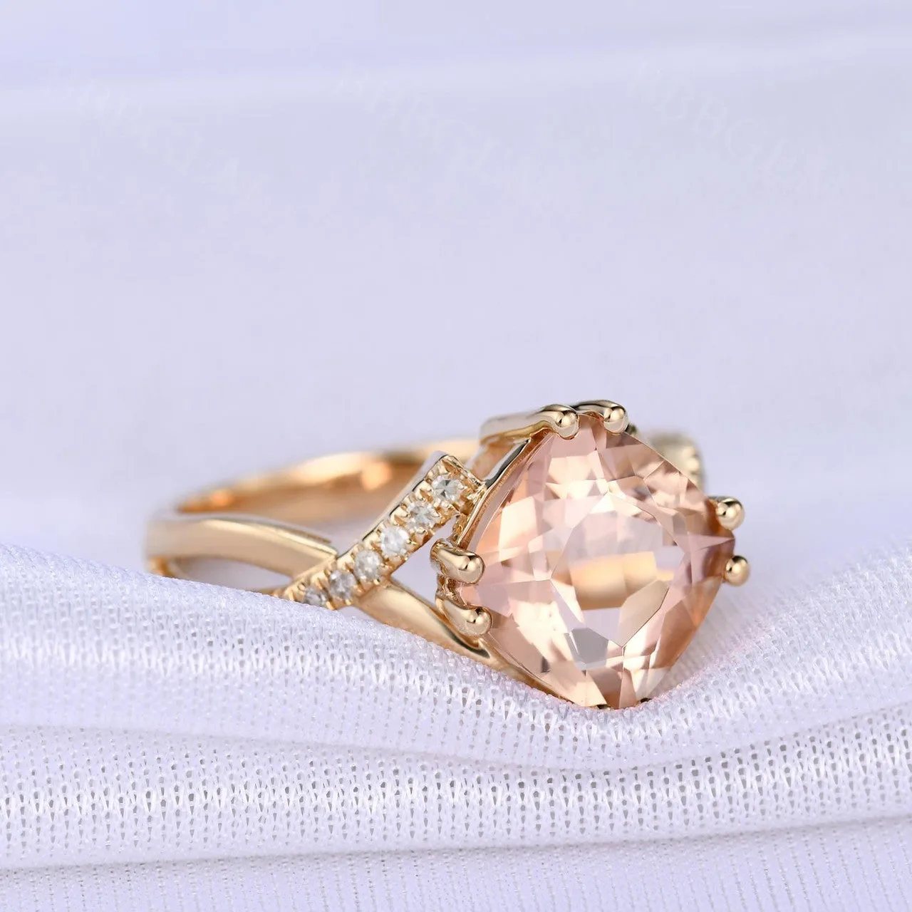 2.4 Carat Cushion Cut Morganite Engagement Ring Diamond Promise Ring 14k Rose Gold Split Shank Infinity Twisted Curved