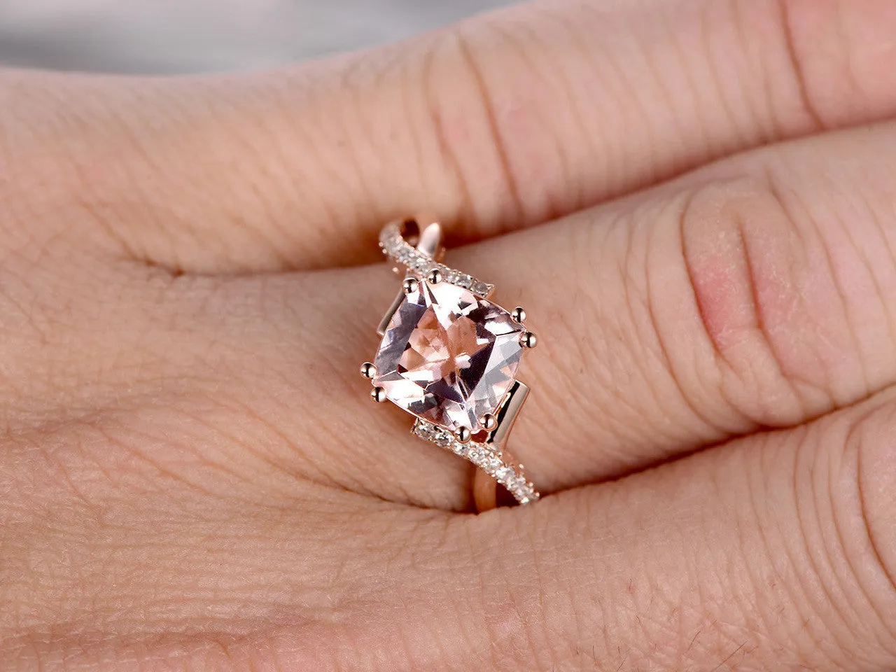 2.4 Carat Cushion Cut Morganite Engagement Ring Diamond Promise Ring 14k Rose Gold Split Shank Infinity Twisted Curved
