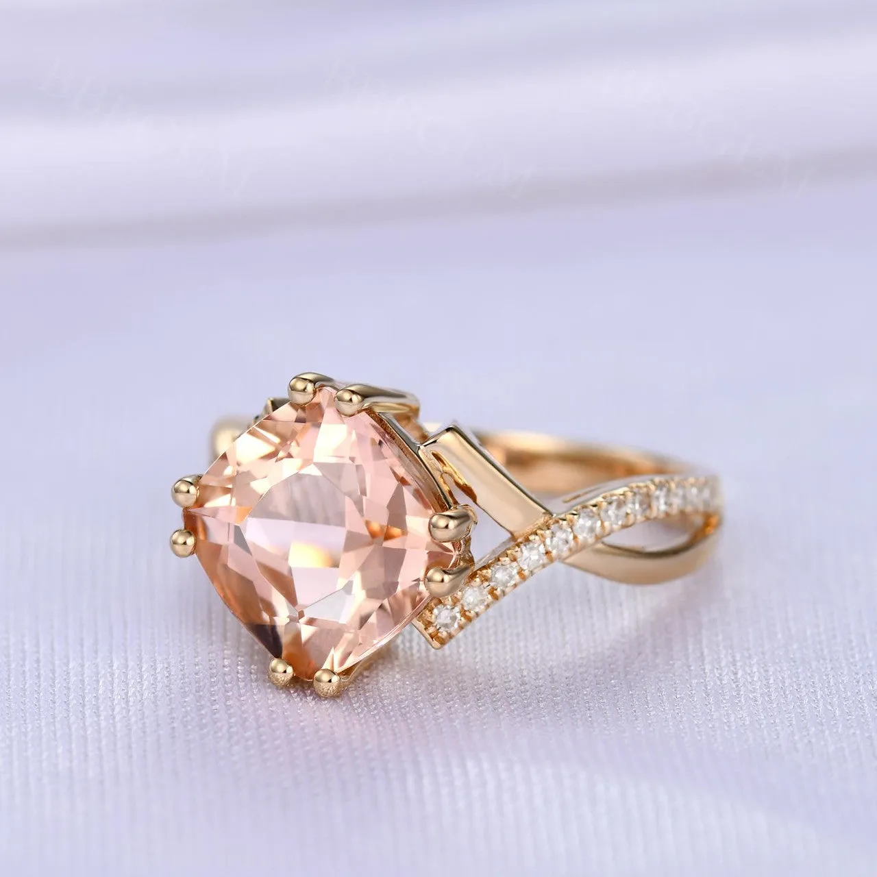 2.4 Carat Cushion Cut Morganite Engagement Ring Diamond Promise Ring 14k Rose Gold Split Shank Infinity Twisted Curved