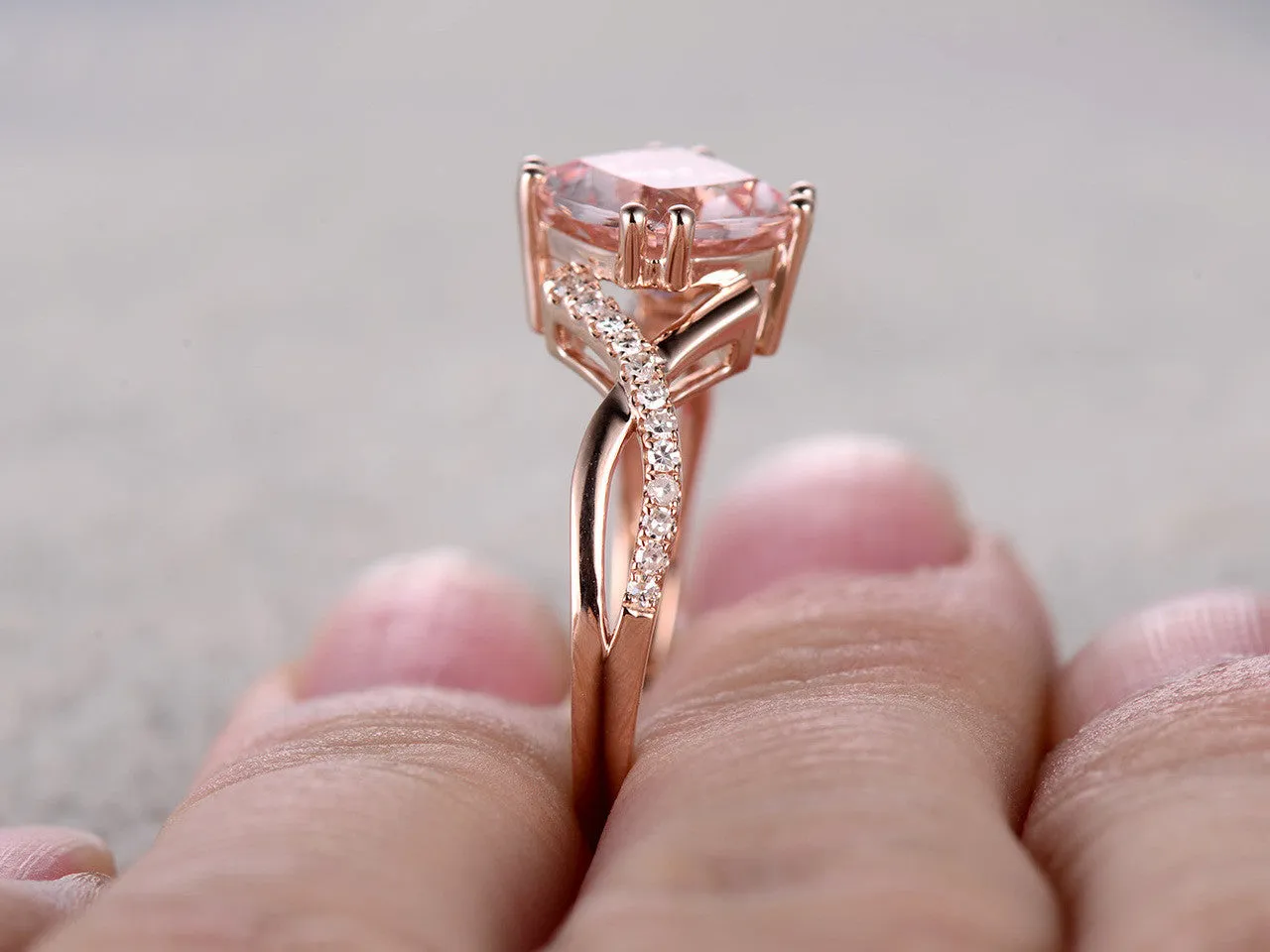 2.4 Carat Cushion Cut Morganite Engagement Ring Diamond Promise Ring 14k Rose Gold Split Shank Infinity Twisted Curved