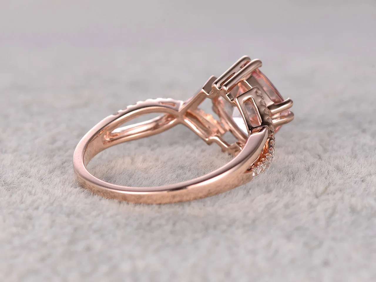 2.4 Carat Cushion Cut Morganite Engagement Ring Diamond Promise Ring 14k Rose Gold Split Shank Infinity Twisted Curved