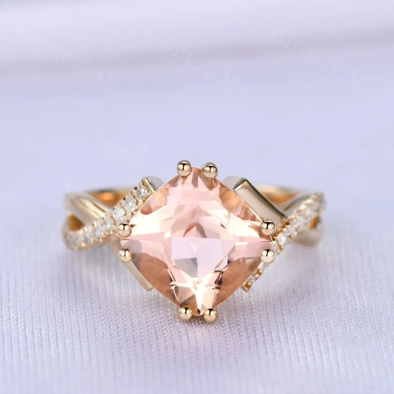 2.4 Carat Cushion Cut Morganite Engagement Ring Diamond Promise Ring 14k Rose Gold Split Shank Infinity Twisted Curved