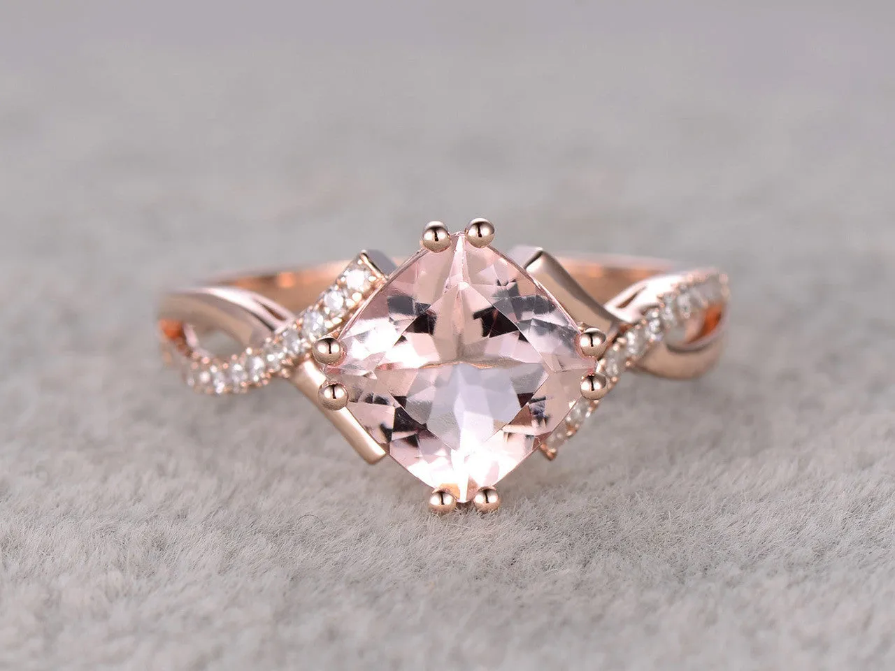 2.4 Carat Cushion Cut Morganite Engagement Ring Diamond Promise Ring 14k Rose Gold Split Shank Infinity Twisted Curved