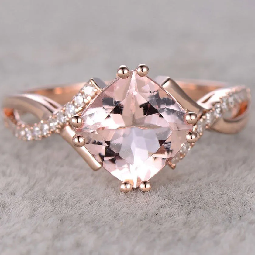 2.4 Carat Cushion Cut Morganite Engagement Ring Diamond Promise Ring 14k Rose Gold Split Shank Infinity Twisted Curved
