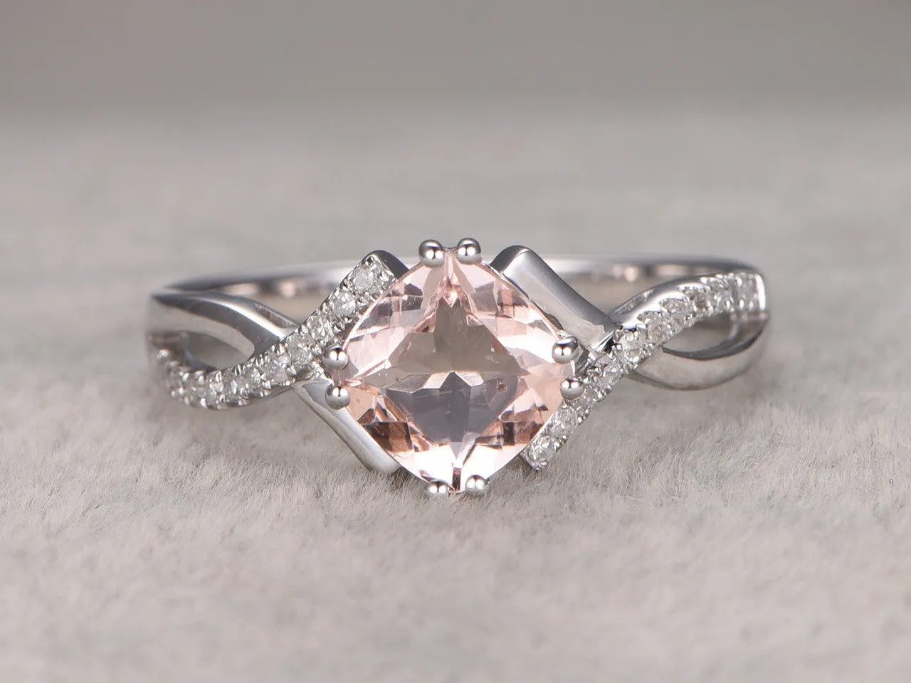 2.4 Carat Cushion Cut Morganite Engagement Ring Diamond Promise Ring 14k Rose Gold Split Shank Infinity Twisted Curved