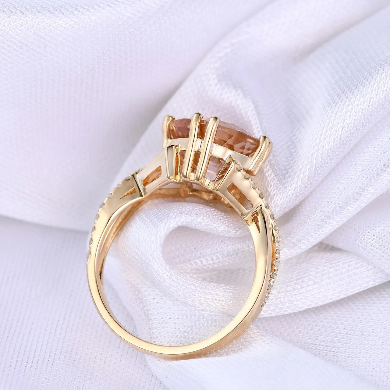 2.4 Carat Cushion Cut Morganite Engagement Ring Diamond Promise Ring 14k Rose Gold Split Shank Infinity Twisted Curved