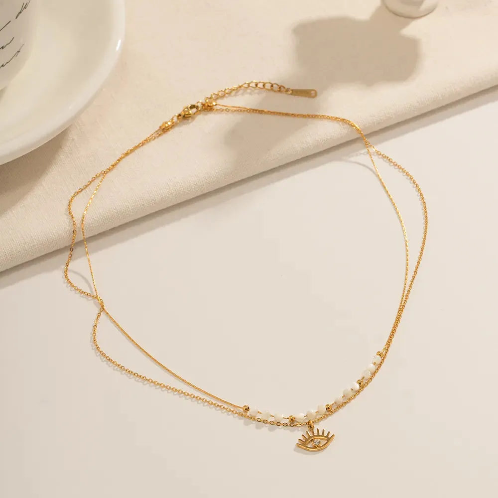 304 Stainless Steel 18K Gold Plated  Style Beaded Hollow Out Inlay Evil Eye Zircon Double Layer Necklaces