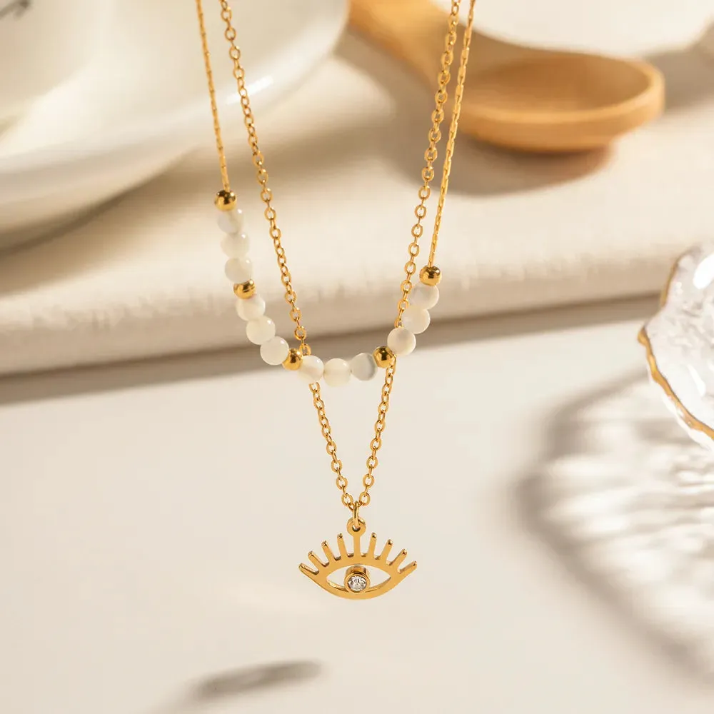 304 Stainless Steel 18K Gold Plated  Style Beaded Hollow Out Inlay Evil Eye Zircon Double Layer Necklaces