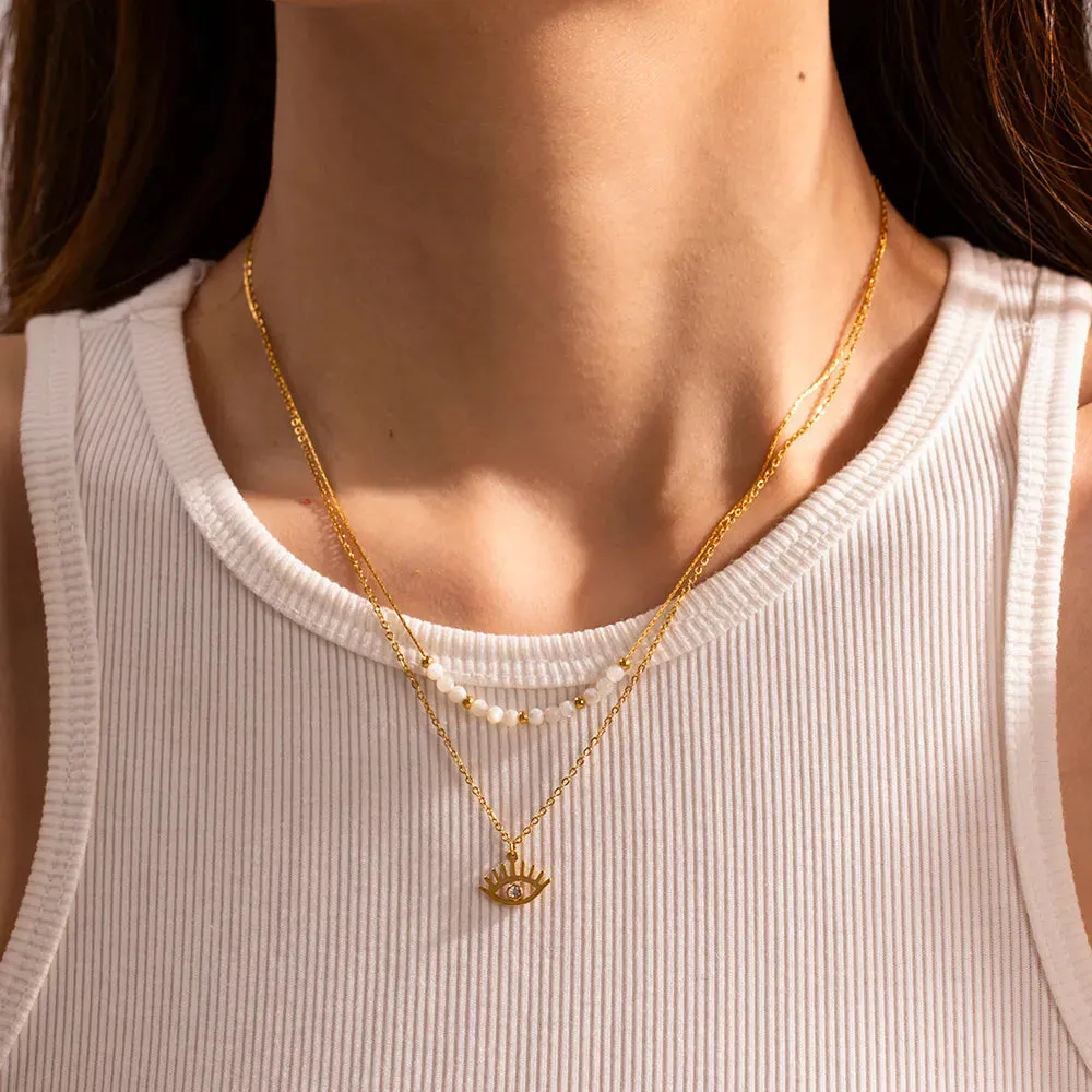 304 Stainless Steel 18K Gold Plated  Style Beaded Hollow Out Inlay Evil Eye Zircon Double Layer Necklaces