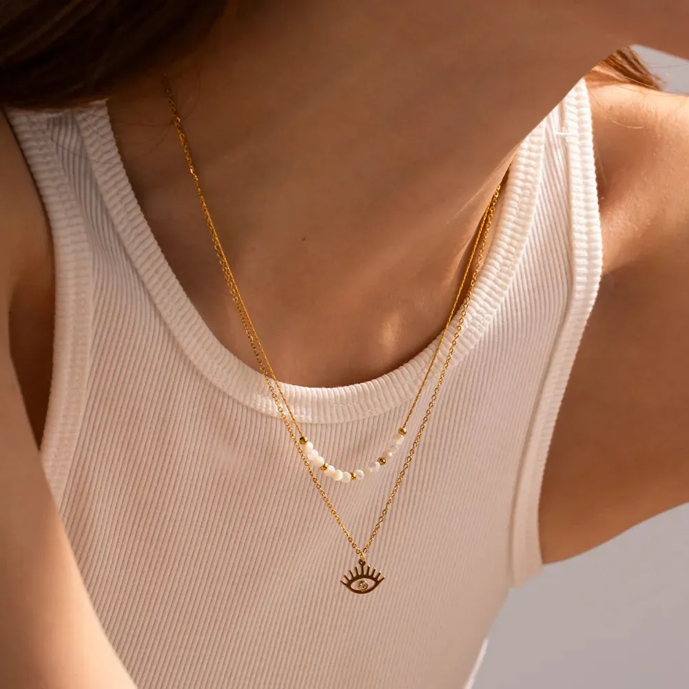 304 Stainless Steel 18K Gold Plated  Style Beaded Hollow Out Inlay Evil Eye Zircon Double Layer Necklaces