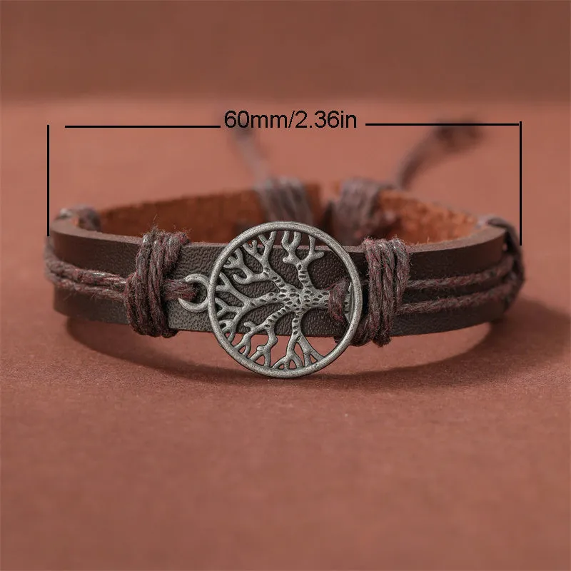 4pcs Set Men's Braided Leather Bracelets Vintage Tree Rudder Charm Brown