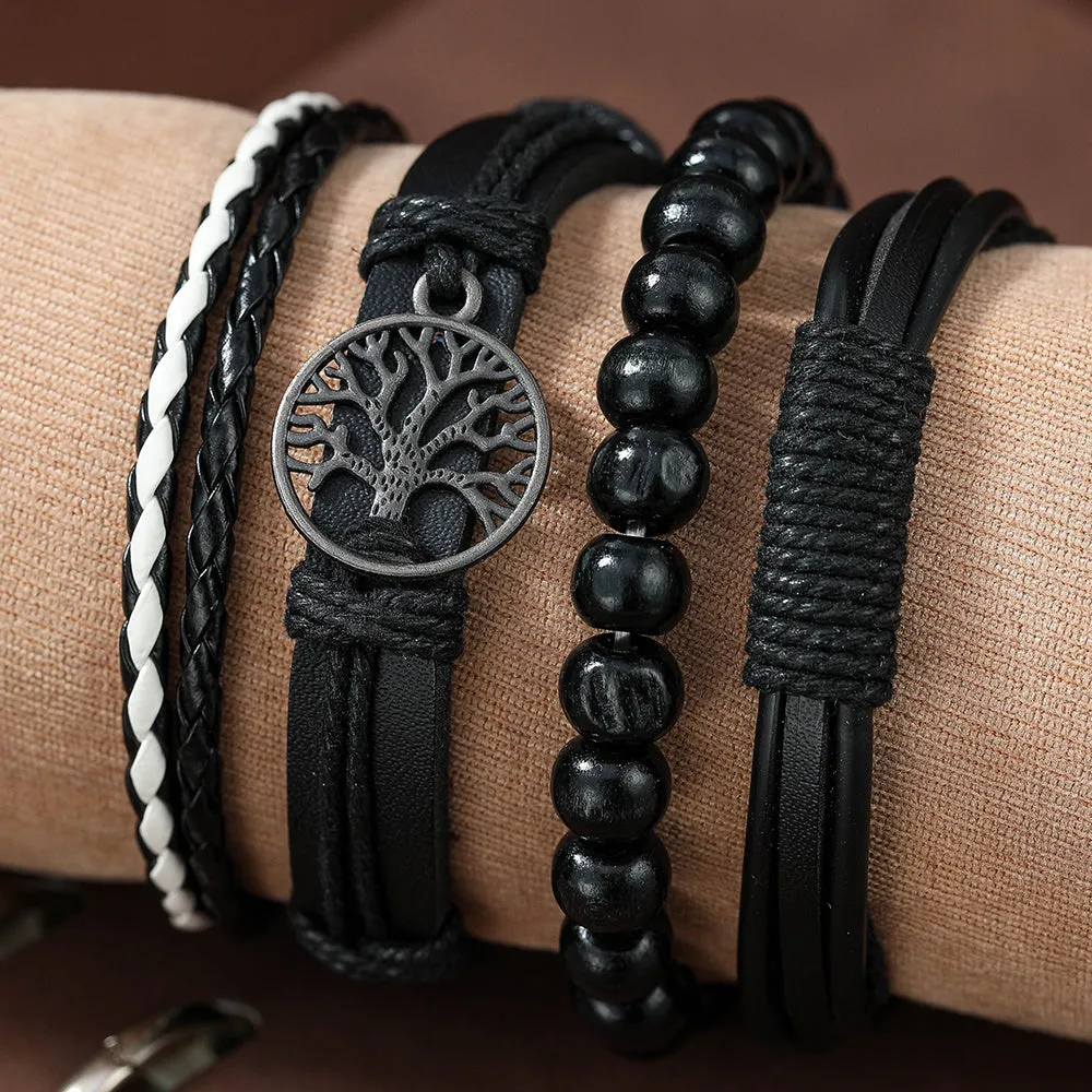 4pcs Set Men's Braided Leather Bracelets Vintage Tree Rudder Charm Brown