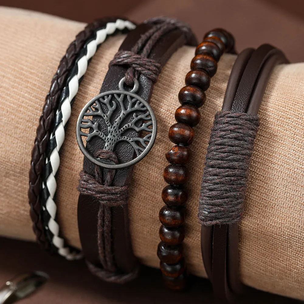 4pcs Set Men's Braided Leather Bracelets Vintage Tree Rudder Charm Brown