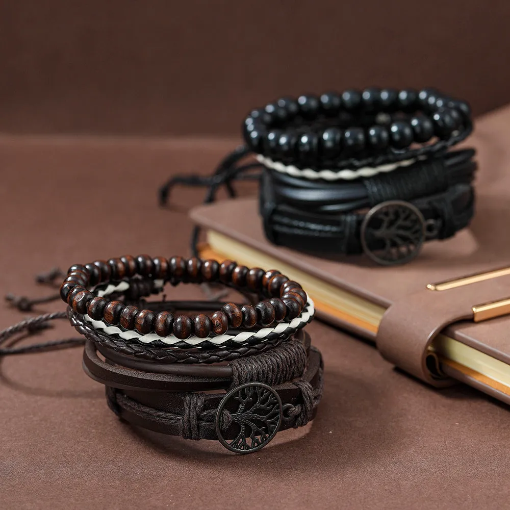4pcs Set Men's Braided Leather Bracelets Vintage Tree Rudder Charm Brown